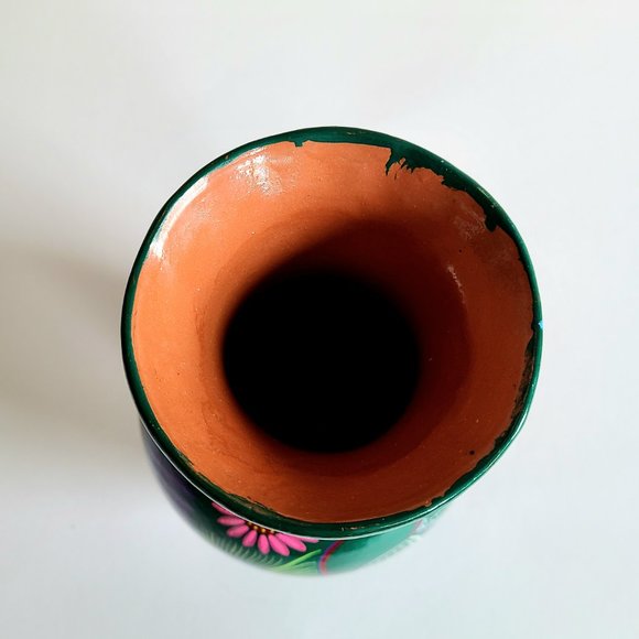 Ceramic Hand painted Mexican bright colors vase with birds and floral design. - Picture 4 of 5
